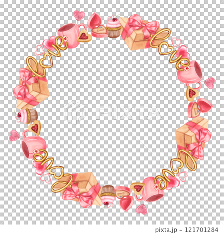 Round frame valentine's day symbols: Love, hearts, gift, ring, pink mug of tea, biscuit. Hand drawn watercolor illustration isolated on white background. For printing textile, fabrics, packaging 121701284