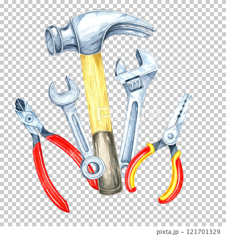 Two wrenches, hammer and a red-handled pliers illustration. Hand-painted watercolor clipart. Ideal for automotive repair designs, toolset branding, or hardware store promotional materials Two wrenches, hammer and a red-handled pliers illustration. Hand-painted watercolor clipart. Ideal for automotive repair designs, toolset branding, or hardware store promotional materials 121701329