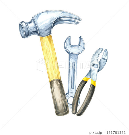 A hammer, pliers, and a wrench clipart. Hand-painted instruments watercolor illustration. Ideal for construction-related designs, tool merchandise branding, or professional hardware catalogs 121701331