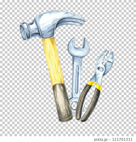 A hammer, pliers, and a wrench clipart. Hand-painted instruments watercolor illustration. Ideal for construction-related designs, tool merchandise branding, or professional hardware catalogs A hammer, pliers, and a wrench clipart. Hand-painted instruments watercolor illustration. Ideal for construction-related designs, tool merchandise branding, or professional hardware catalogs 121701331