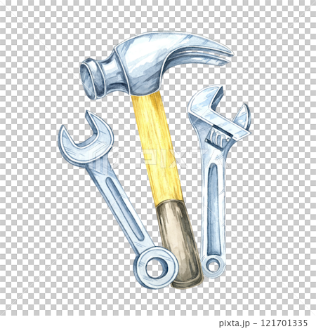 A hammer and two wrenches clipart. Hand-painted watercolor illustration. Ideal for marketing construction tools, industrial merchandise designs, or educational materials on basic repair equipment 121701335