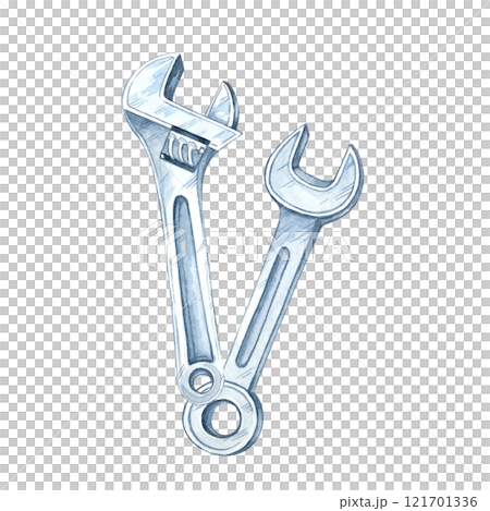 Two metal wrenches, including an adjustable one, crossed. Hand-painted watercolor illustration. Clipart for branding for toolkits, DIY projects, construction labels, or hardware store flyers 121701336
