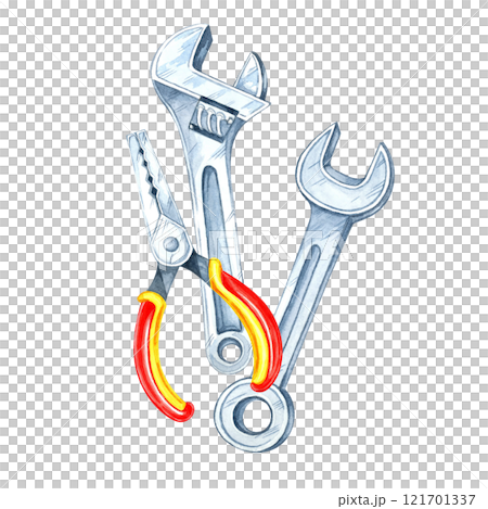 Pliers with red and yellow handles, an adjustable wrench and key clipart. Hand-painted watercolor illustration for tool-related designs, packaging, instructional materials, or DIY promotional items Pliers with red and yellow handles, an adjustable wrench and key clipart. Hand-painted watercolor illustration for tool-related designs, packaging, instructional materials, or DIY promotional items 121701337