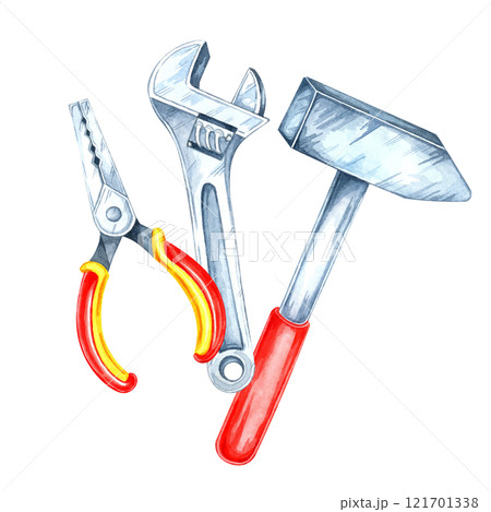 A hammer, pliers with yellow and red handles , and an adjustable wrench clipart. Hand-painted watercolor illustration for handyman merchandise, instructional design, or DIY-themed packaging labels 121701338