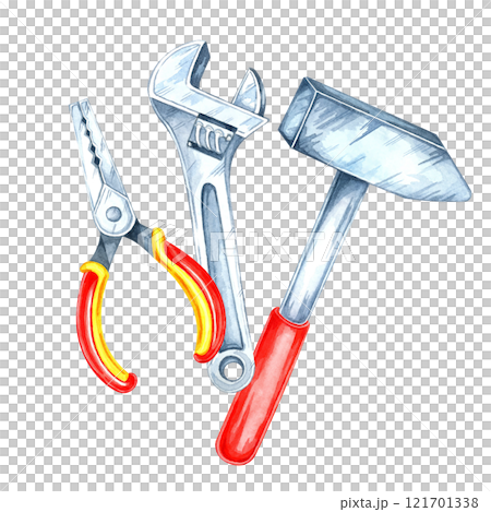 A hammer, pliers with yellow and red handles , and an adjustable wrench clipart. Hand-painted watercolor illustration for handyman merchandise, instructional design, or DIY-themed packaging labels 121701338
