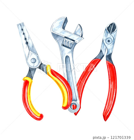 A red-handled cutter and a pair of pliers with a metal wrench. Hand-painted watercolor clipart. Works well for construction-themed designs, repair-related products, or tool-centric packaging ideas A red-handled cutter and a pair of pliers with a metal wrench. Hand-painted watercolor clipart. Works well for construction-themed designs, repair-related products, or tool-centric packaging ideas 121701339