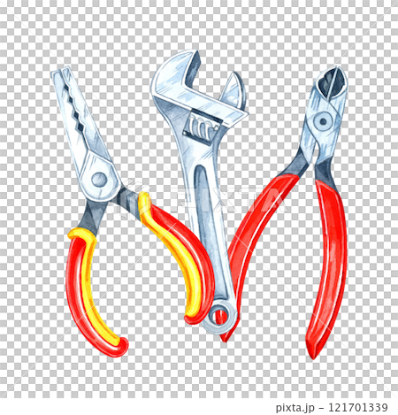 A red-handled cutter and a pair of pliers with a metal wrench. Hand-painted watercolor clipart. Works well for construction-themed designs, repair-related products, or tool-centric packaging ideas A red-handled cutter and a pair of pliers with a metal wrench. Hand-painted watercolor clipart. Works well for construction-themed designs, repair-related products, or tool-centric packaging ideas 121701339