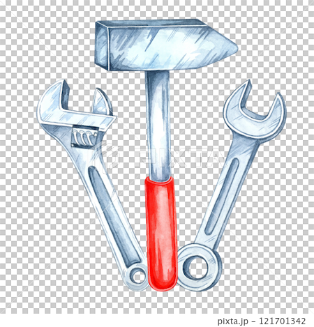 Red-handled hammer paired with two silver wrenches. Hand-painted watercolor illustration. Clipart perfect for mechanic-themed merchandise, workshop designs, or tool catalog layouts 121701342