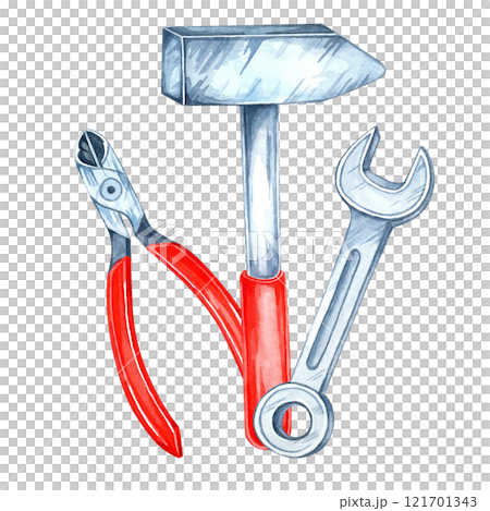 Red-handled pliers, a wrench, and a hammer hardware set. Hand-painted watercolor clipart. Illustration Perfect for industrial-themed designs, home improvement branding, or tool kit packaging designs 121701343