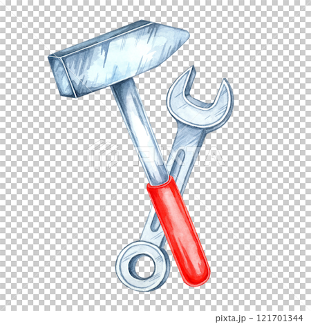 A hammer with a silver head and a red handle, along with a metal wrench. Hand-painted watercolor clipart. Great for construction-related designs, banners, product labels, or materials on repair work 121701344