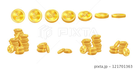 Realistic golden coins pile. Stacks of gold money, cash or treasure. Bank and finance. Investment, profit or gain. Copy space. Vector 121701363