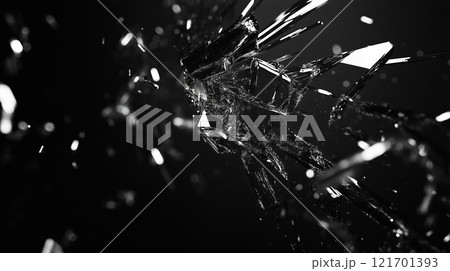 Shattered glass exploding in sharp fragments on dark background 121701393