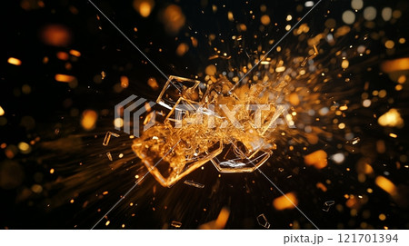 Shattered glass exploding in sharp fragments on dark background 121701394