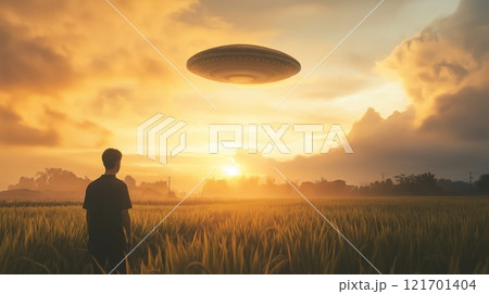 A person stands in a green field, looking up at a large unidentified flying object 121701404