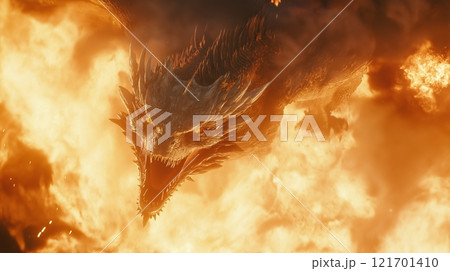 Majestic dragon unleashing fire at dusk in fantastical world Majestic dragon unleashing fire at dusk in fantastical world 121701410