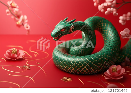 Green snake among golden coins and flowers on red background, symbol of 2025 year 121701445