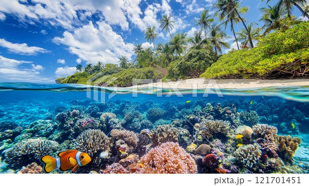 Tropical beach and coral reef fish underwater 121701451