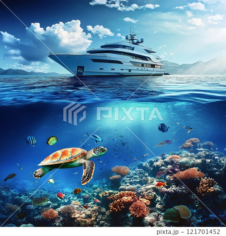 Tropical beach, yacht and coral reef underwater 121701452