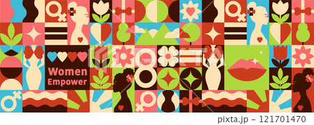 Happy Women Day Pattern in a Geometric Bauhaus style, with text, Nature Strength, and Feminine Symbols in a vector illustration 121701470