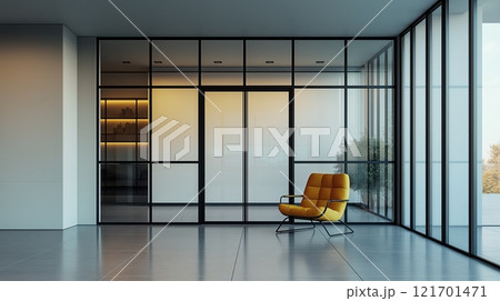 Modern interior with glass walls and windows 121701471