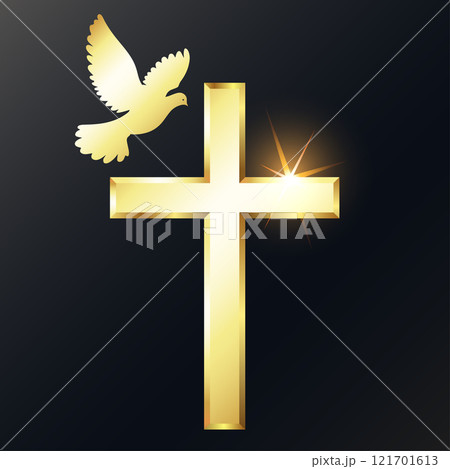 Golden shining Christian cross and dove of peace 121701613