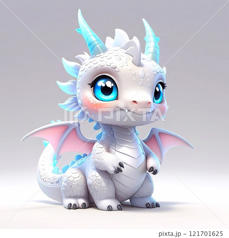 Three-dimensional cartoon character of a dragon baby, with glitter on the skin, full length 121701625