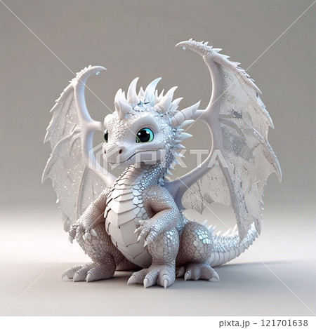 Three-dimensional cartoon character of a dragon baby, with glitter on the skin, full length 121701638