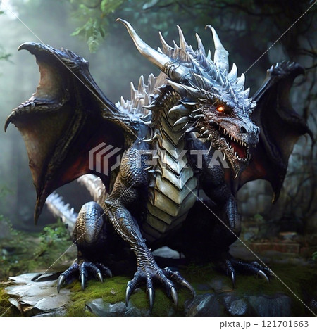 Terrible scary dragon with wings, full length, close-up Terrible scary dragon with wings, full length, close-up 121701663