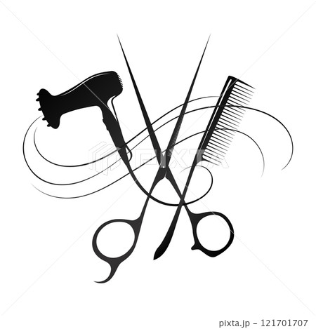 Scissors comb hair dryer and beautiful curl of hair symbol 121701707