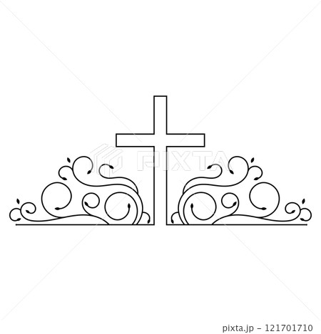 Christian cross with pattern curl branches leaves 121701710