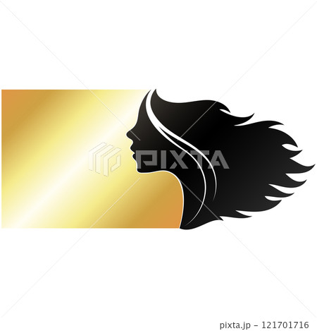 Silhouette girl with hair with gold background. Sign for beauty and hair salon Silhouette girl with hair with gold background. Sign for beauty and hair salon 121701716