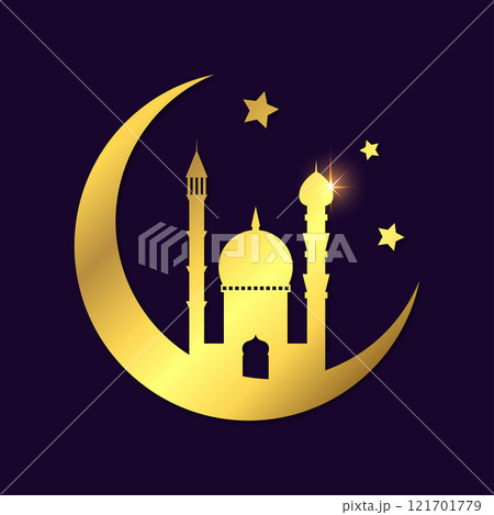 Golden minaret with towers, crescent moon and stars Golden minaret with towers, crescent moon and stars 121701779