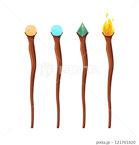 Set of magic staff, walk sticks or wands with glow gems, frozen ice crystal and flame. Magician weapon rods. Vector illustration. 121701820