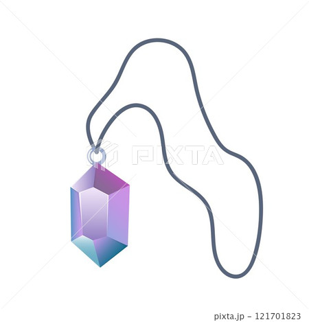 Magic amulet pendant with crystal, diamond, precious stone in metal frame hanging on rope. Vector illustration. 121701823