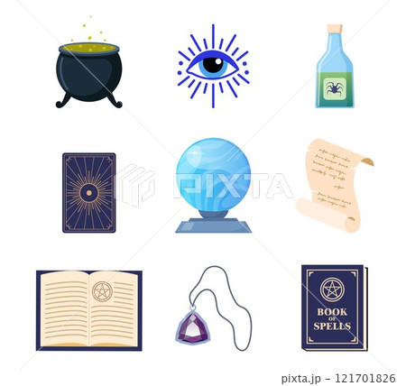 Magician tools. Wizard magic mystery amulet, spell book, crystal ball, evil eye, tarot cards, potion cauldron. Vector illustration. Magician tools. Wizard magic mystery amulet, spell book, crystal ball, evil eye, tarot cards, potion cauldron. Vector illustration. 121701826