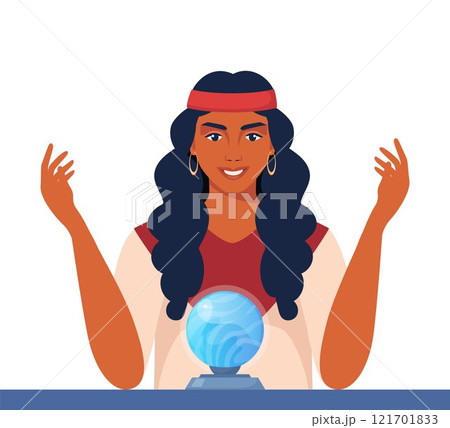 Gypsy woman fortune teller character predicts fate at table with magic sphere. Witchcraft of woman over crystal ball. Vector illustration. Gypsy woman fortune teller character predicts fate at table with magic sphere. Witchcraft of woman over crystal ball. Vector illustration. 121701833