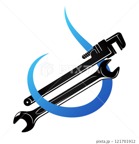 Plumbing wrenches and water drop silhouette. Design for plumbing repair 121701912