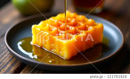 Delicious portioned honey dessert, on a black plate. Piece of sponge cake is poured with liquid honey, close-up. Natural ingredients, Appetizing presentation 121701928