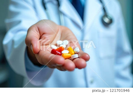 Doctor Holding Tablets in Hand, blurred background. Close-up Handful Multi-colored Tablets, Pills and Capsules in Hand. Copy Space. Medicines for the treatment of the patient 121701946
