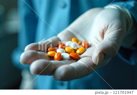 Doctor Holding Tablets in Hand, blurred background. Close-up Handful Multi-colored Tablets, Pills and Capsules in Hand. Copy Space. Medicines for the treatment of the patient Doctor Holding Tablets in Hand, blurred background. Close-up Handful Multi-colored Tablets, Pills and Capsules in Hand. Copy Space. Medicines for the treatment of the patient 121701947