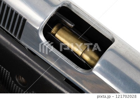 semi automatic 9mm handgun stainless pistol with ammo in receiver isolated on white 121702028