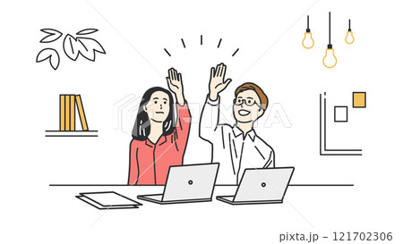 ハイタッチするオフィスカジュアルの男女 121702306