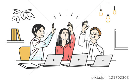 ハイタッチするオフィスカジュアルの男女 121702308