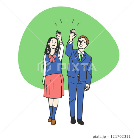 ハイタッチする制服の男女 121702311