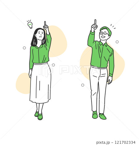 指差しするオフィスカジュアルの男女 121702334