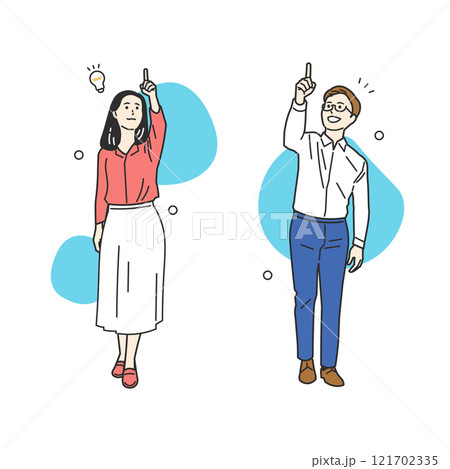 指差しするオフィスカジュアルの男女 指差しするオフィスカジュアルの男女 121702335