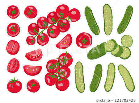 Cherry Tomatoes and Cucumbers Vector Set Isolated on White Background 121702425