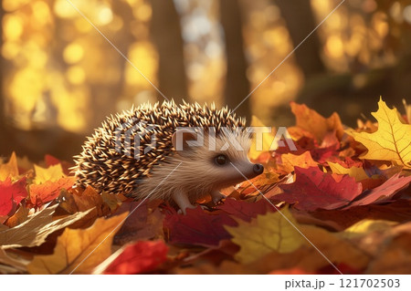 Charming Hedgehog Foraging in Colorful Autumn Leaves Golden Sunlight Illuminates Quills in Serene Woodland 121702503
