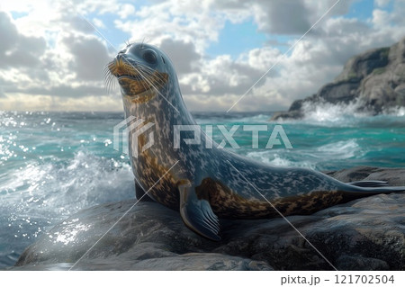 Playful Seal Lounging on Sunlit Rocky Shore with Waves and Shiny Fur Under Partly Cloudy Sky Playful Seal Lounging on Sunlit Rocky Shore with Waves and Shiny Fur Under Partly Cloudy Sky 121702504