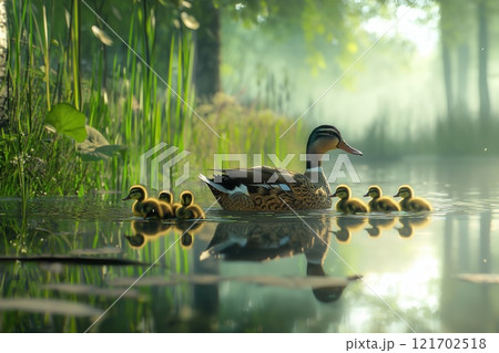 Mother Duck and Ducklings Gliding Through Calm Pond at Sunrise Serene Reflection and Reeds Creating a Heartwarming Scene 121702518